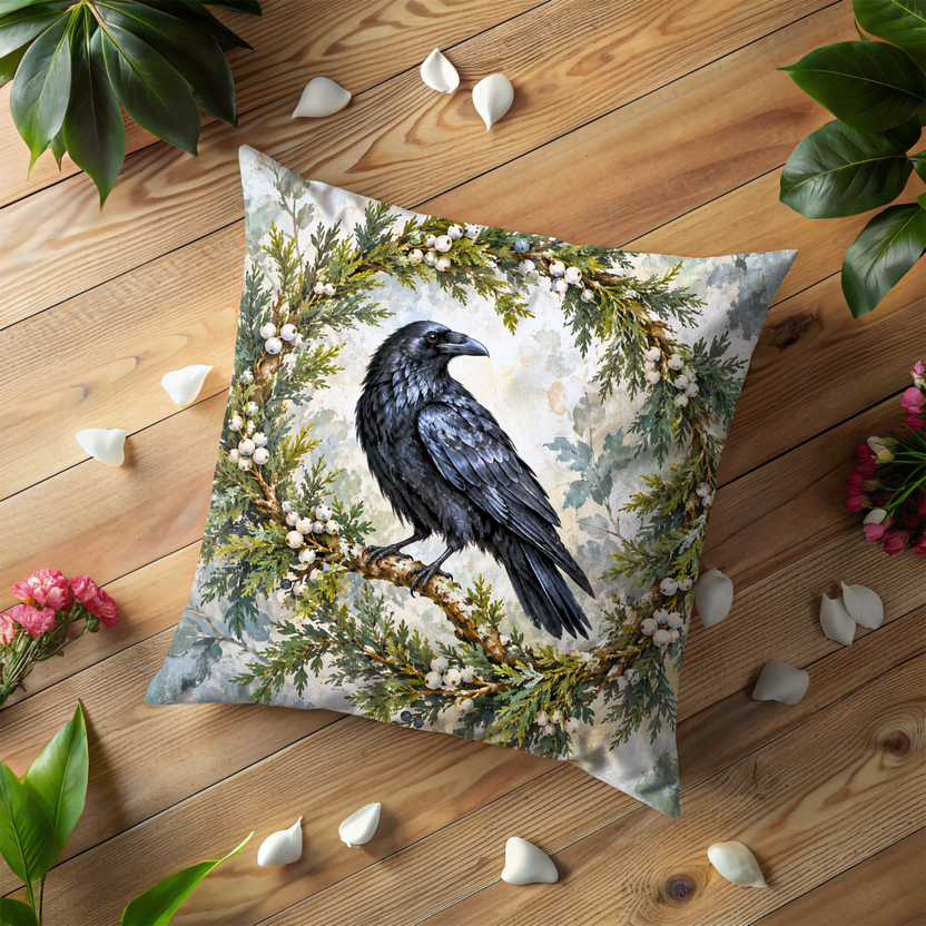 Black Raven Pillow Cover | Circular Wreath of Green Foliage and Small Yellow Flowers