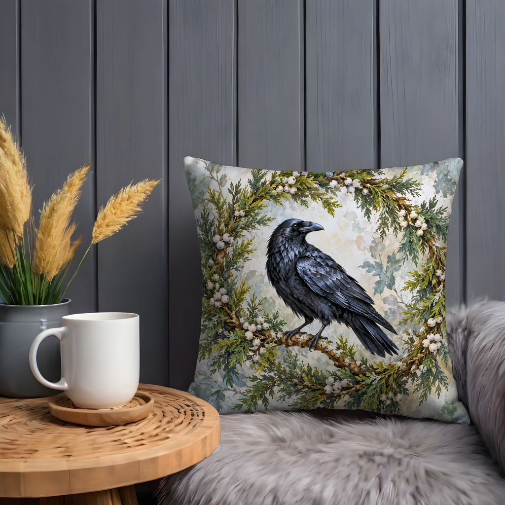 Black Raven Pillow Cover | Circular Wreath of Green Foliage and Small Yellow Flowers