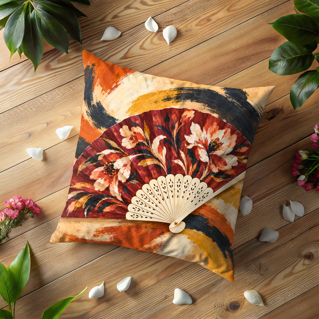 Floral Folding Fan Pillow Cover | Abstract Orange Brushstroke Backdrop
