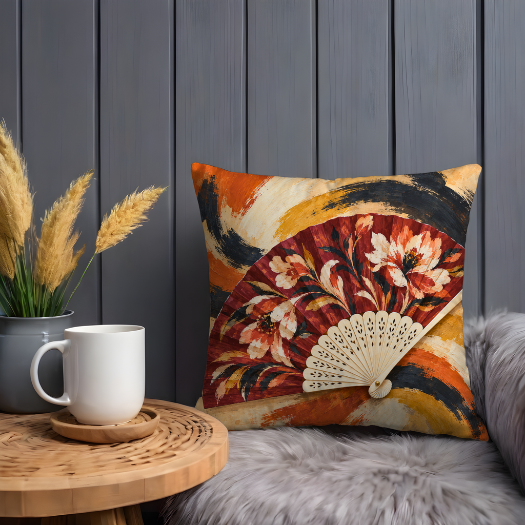Floral Folding Fan Pillow Cover | Abstract Orange Brushstroke Backdrop