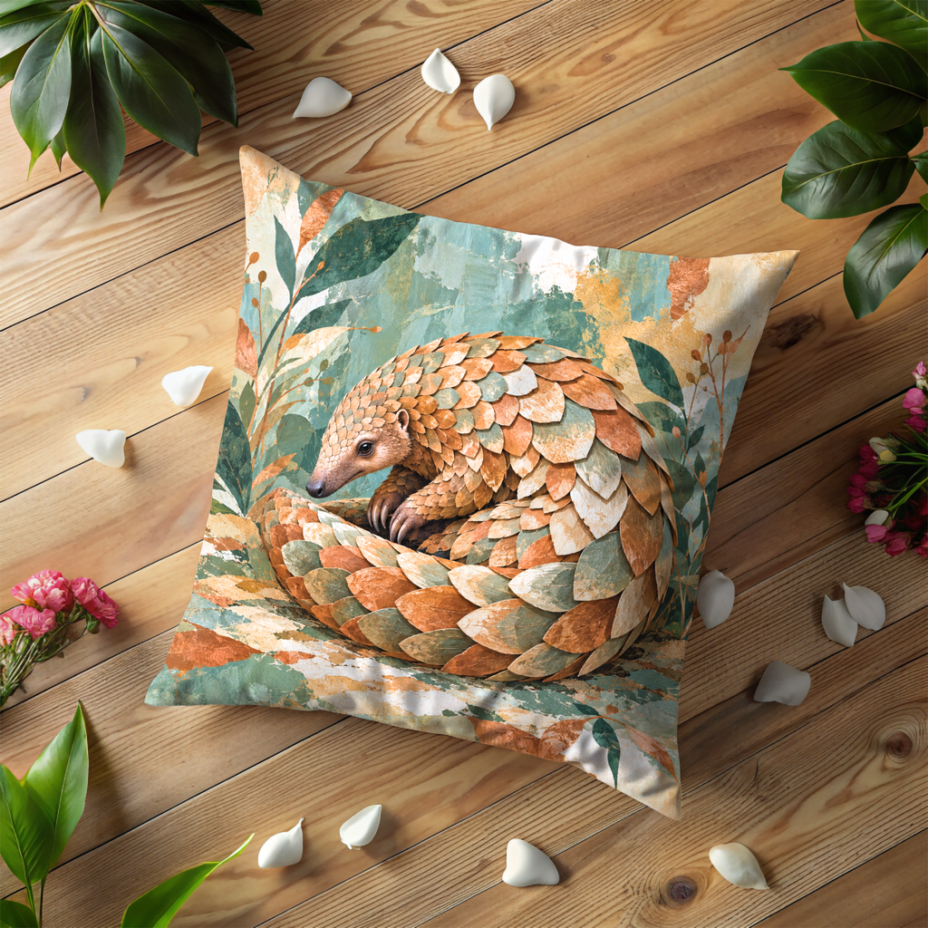 Curled Pangolin Pillow Cover | Leafy Backdrop