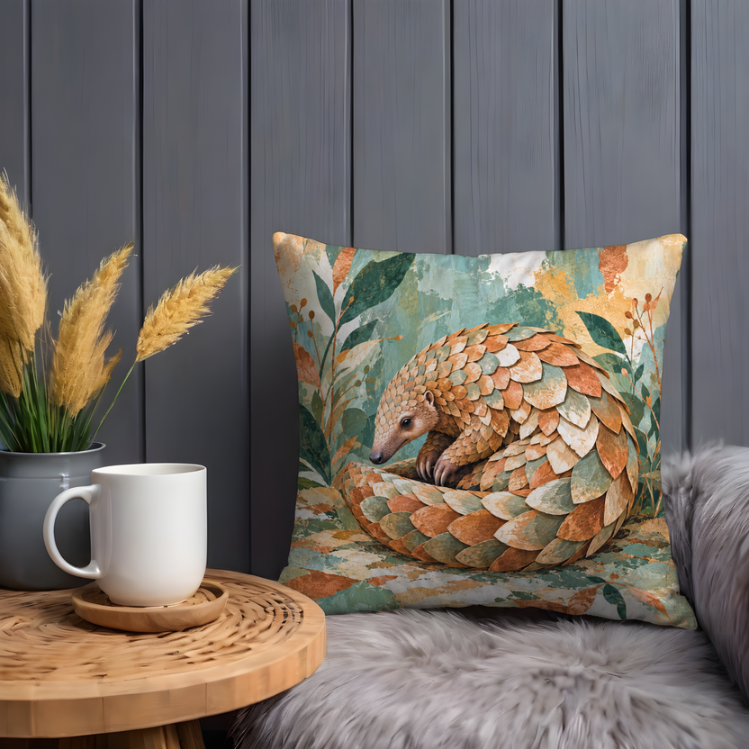 Curled Pangolin Pillow Cover | Leafy Backdrop