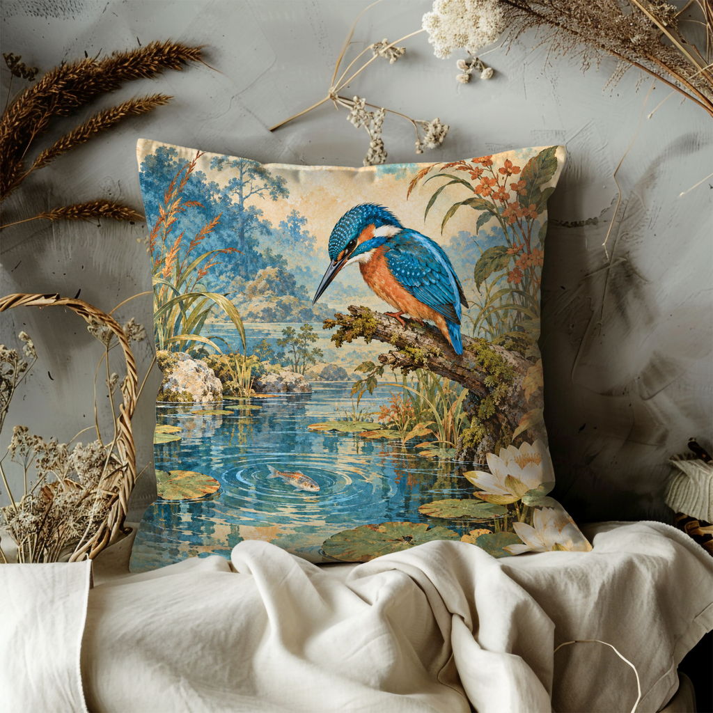Kingfisher Pillow Cover | Pond Scene