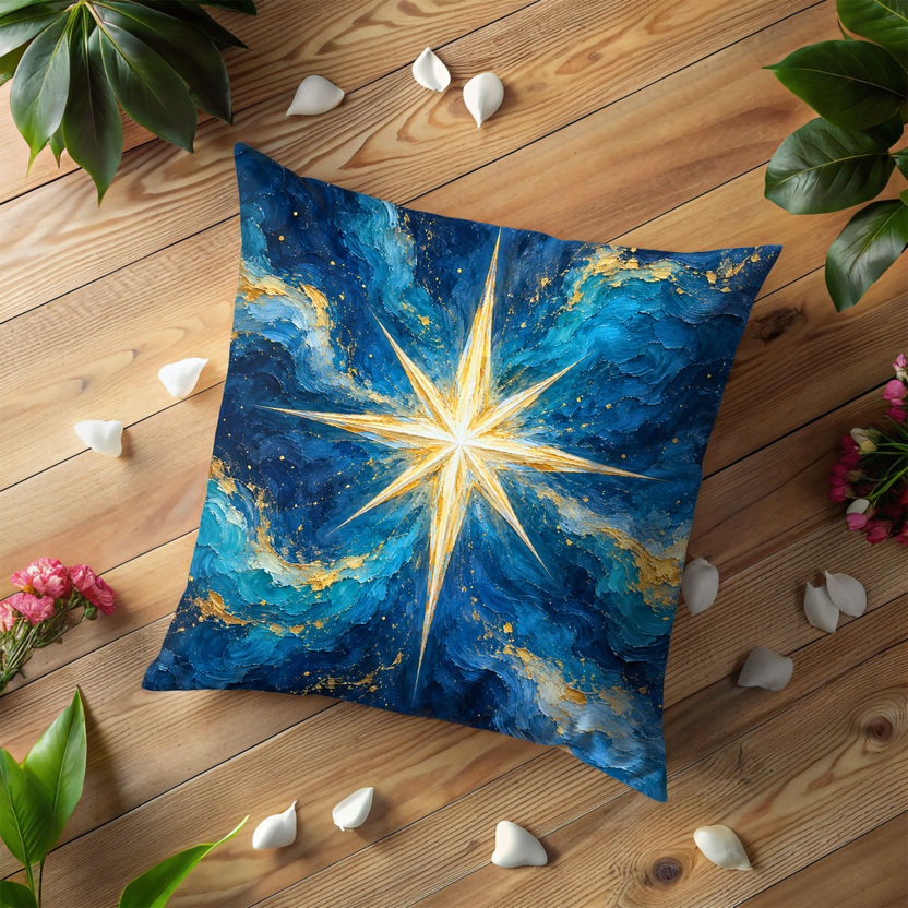 Radiant Golden Star Pillow Cover | Swirling Deep-blue Night Sky