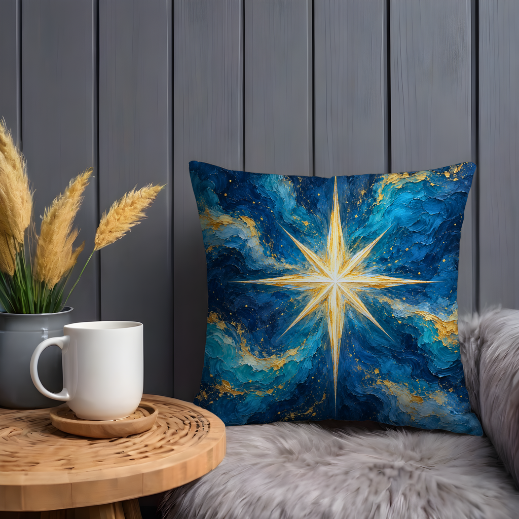 Radiant Golden Star Pillow Cover | Swirling Deep-blue Night Sky