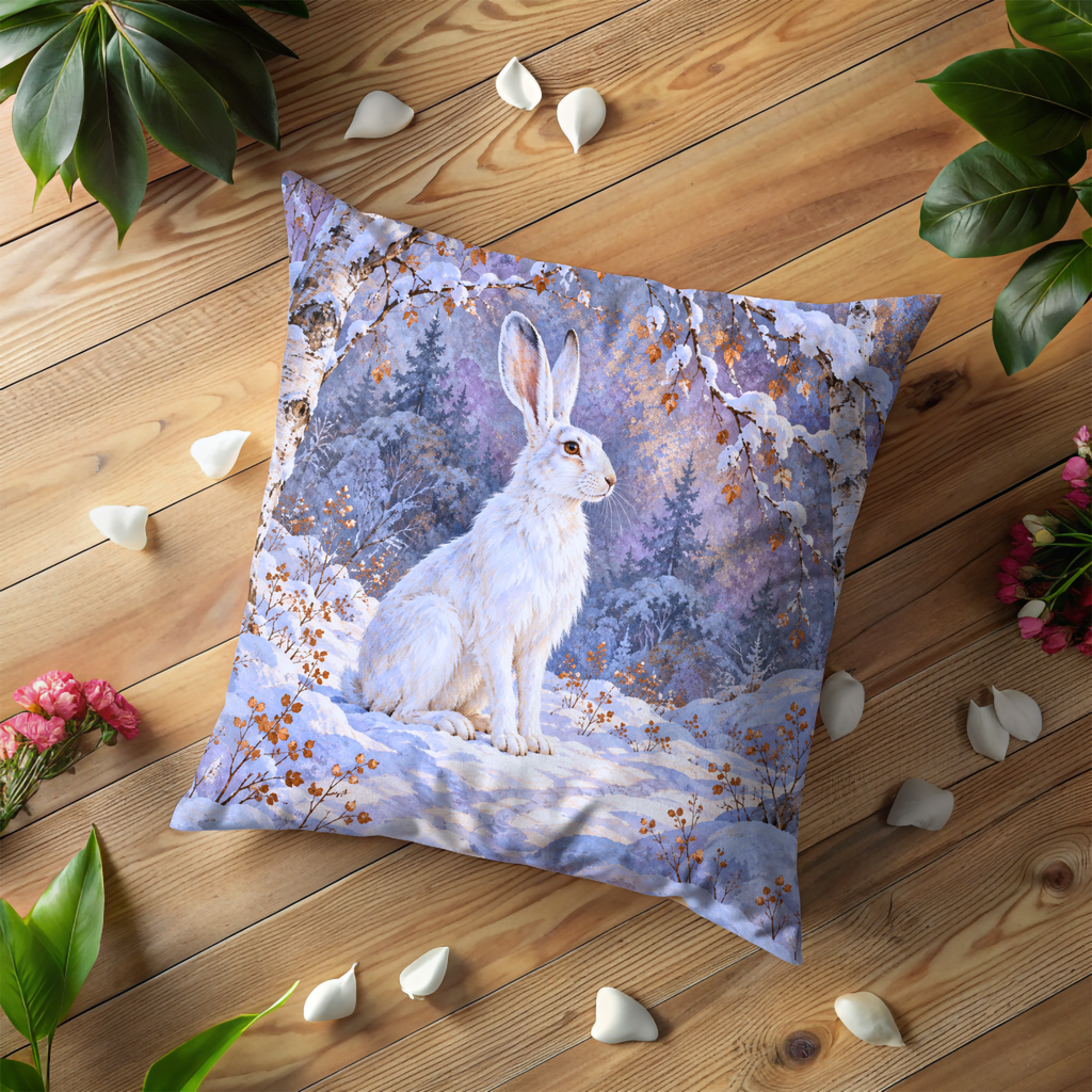 White Rabbit Pillow Cover | Snowy Birch Forest Path