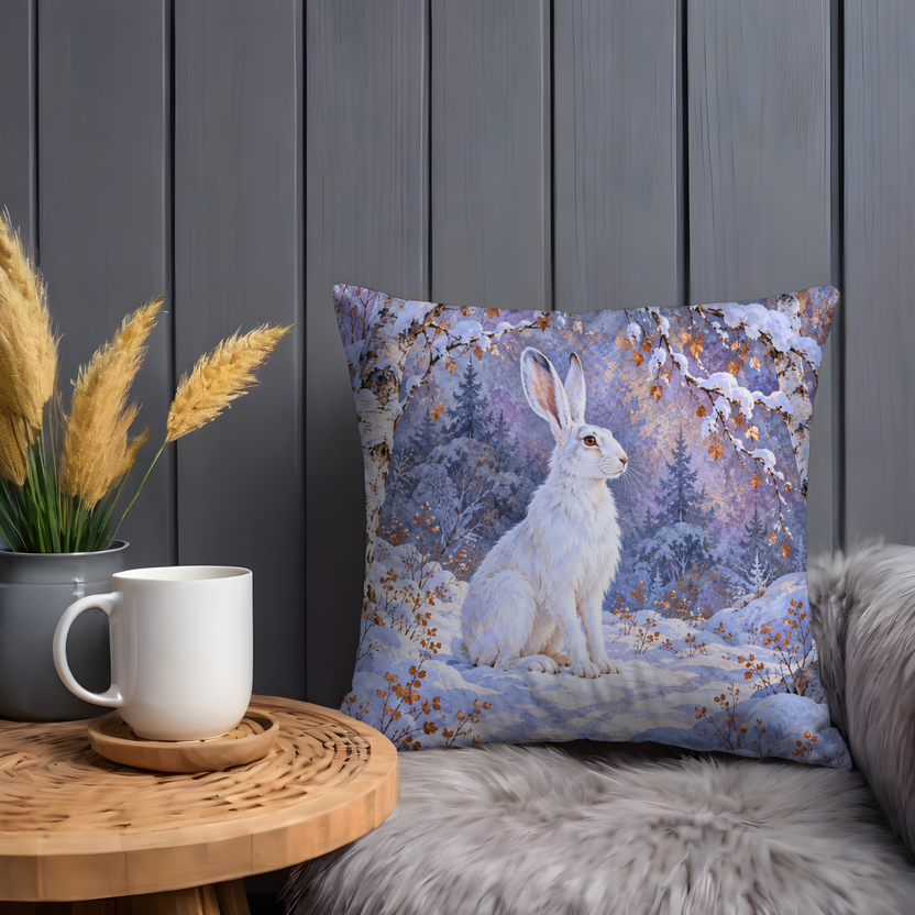 White Rabbit Pillow Cover | Snowy Birch Forest Path