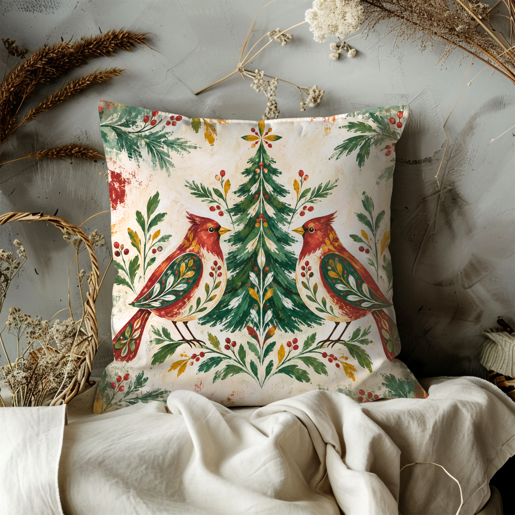 Red Birds Pillow Cover | Evergreen Tree Framed By Foliage and Flowers