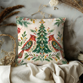 Red Birds Pillow Cover | Evergreen Tree Framed By Foliage and Flowers