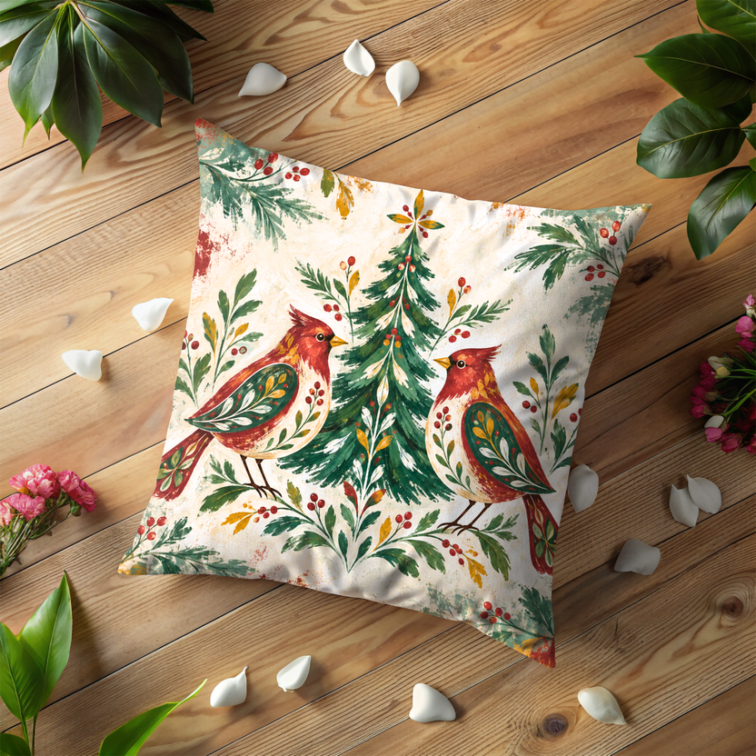 Red Birds Pillow Cover | Evergreen Tree Framed By Foliage and Flowers