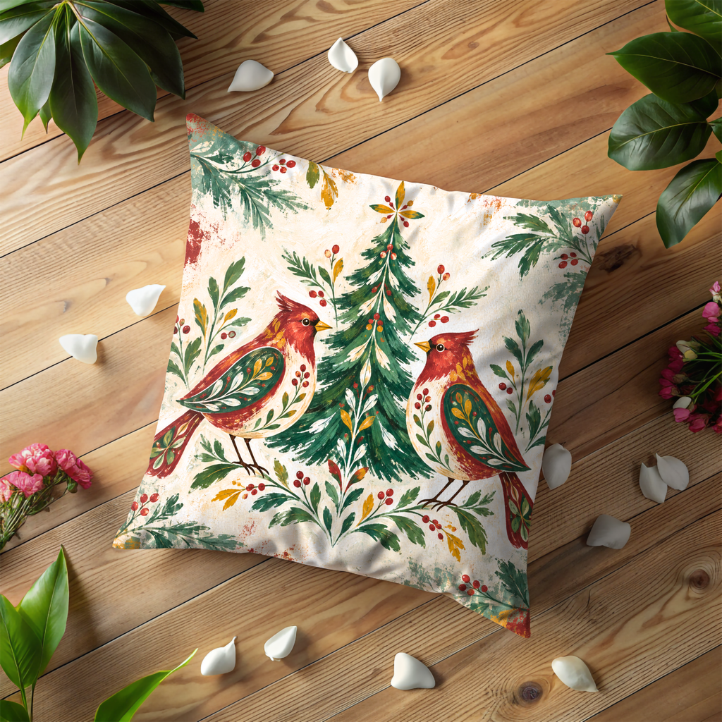 Red Birds Pillow Cover | Evergreen Tree Framed By Foliage and Flowers