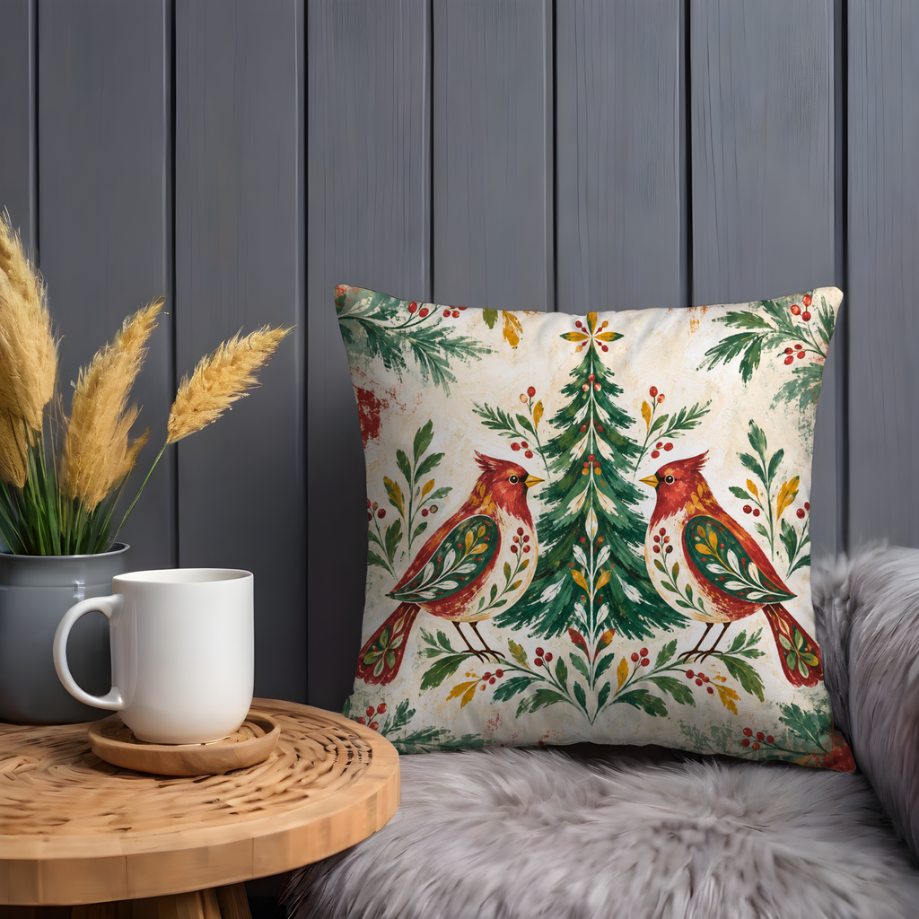 Red Birds Pillow Cover | Evergreen Tree Framed By Foliage and Flowers