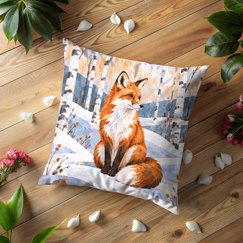 Sitting Red Fox Pillow Cover | Snowy Birch Forest