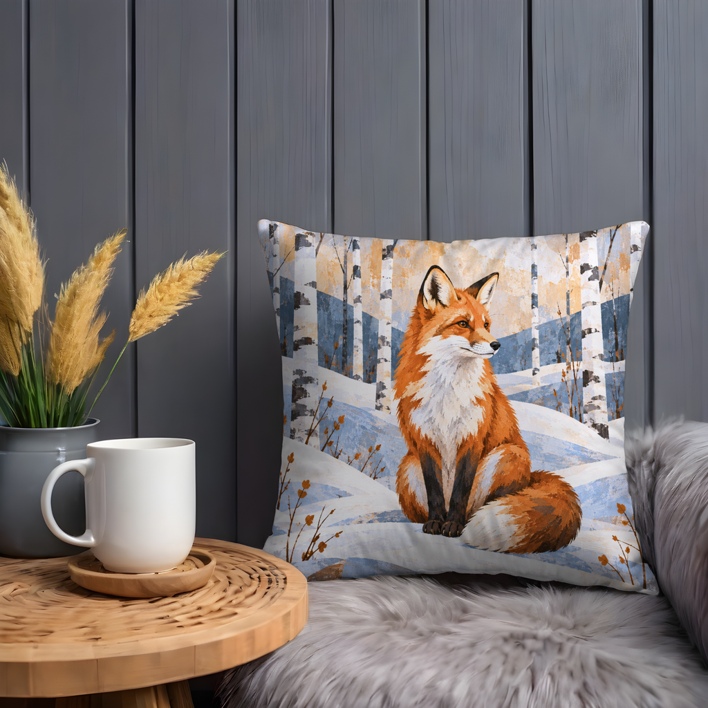 Sitting Red Fox Pillow Cover | Snowy Birch Forest