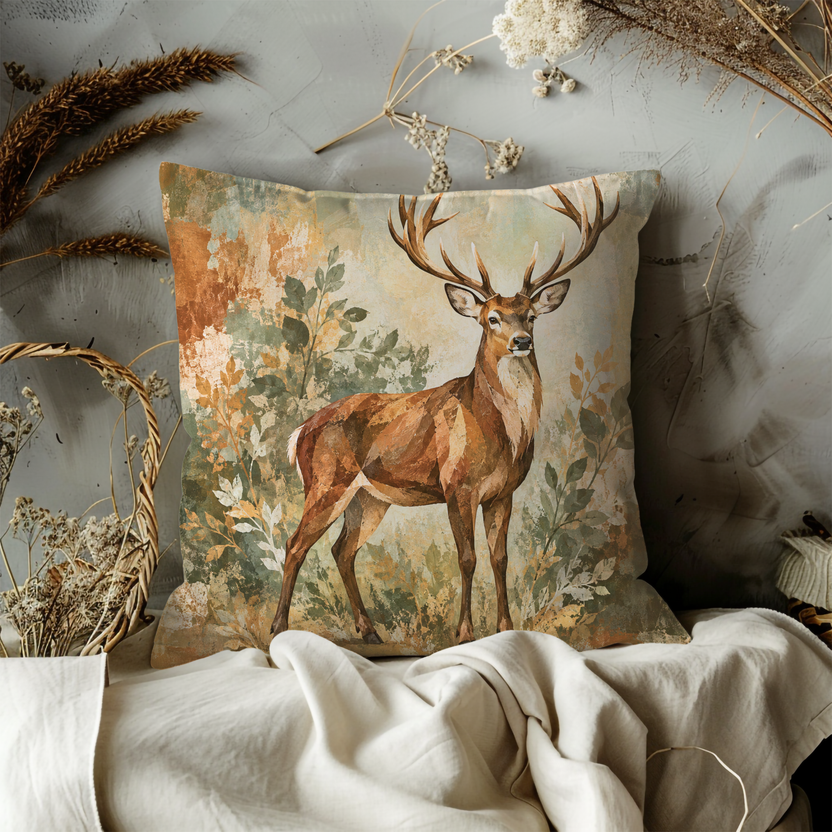 Antlered Stag Pillow Cover | Leafy Plants Against an Earth-toned Wash