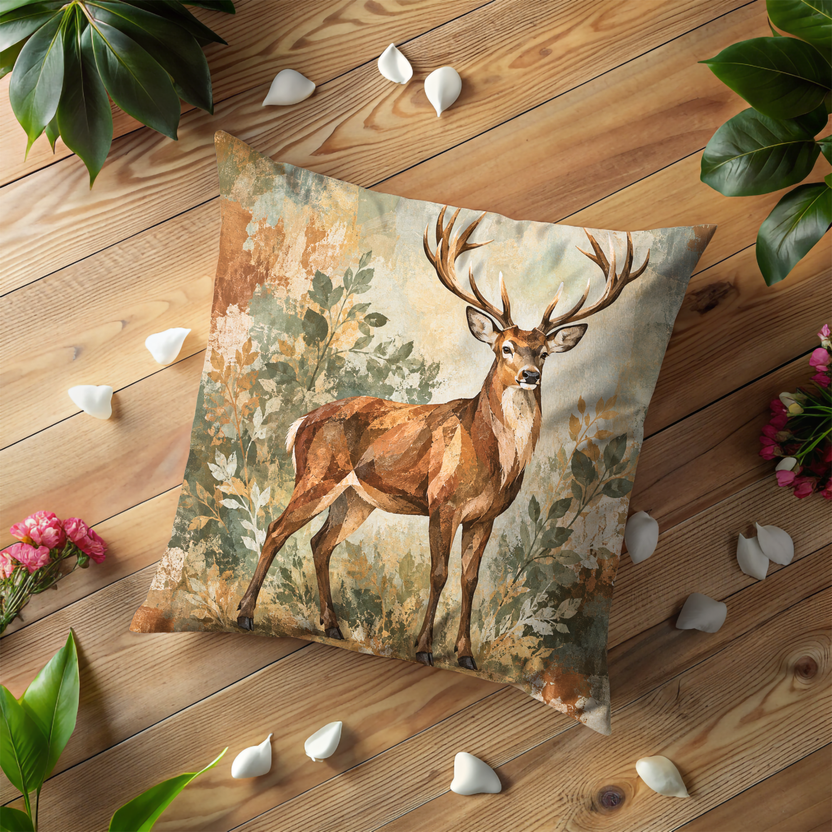 Antlered Stag Pillow Cover | Leafy Plants Against an Earth-toned Wash