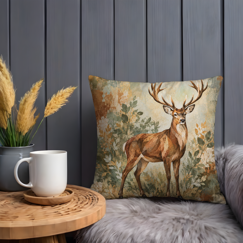 Antlered Stag Pillow Cover | Leafy Plants Against an Earth-toned Wash