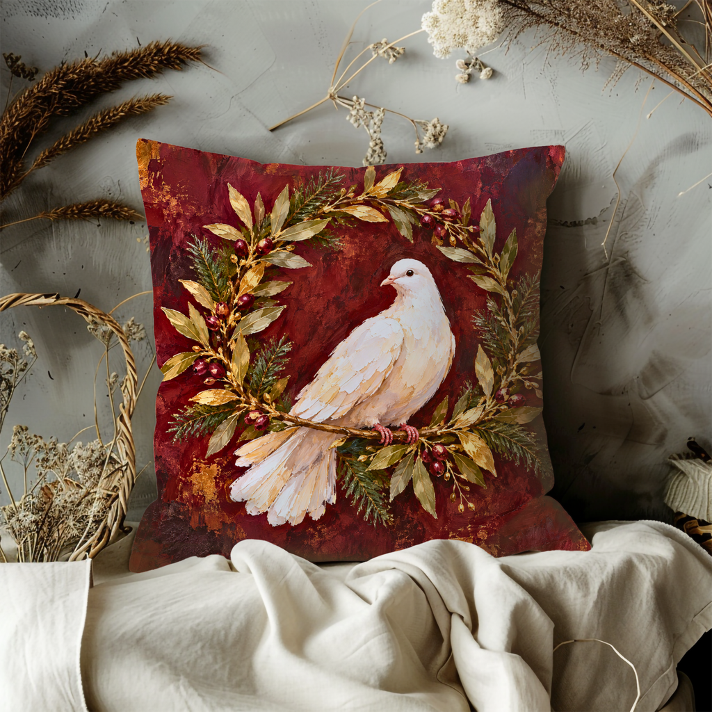 White Dove Pillow Cover | Leafy Wreath on Mottled Crimson Ground