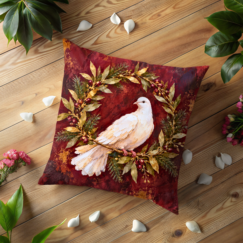 White Dove Pillow Cover | Leafy Wreath on Mottled Crimson Ground