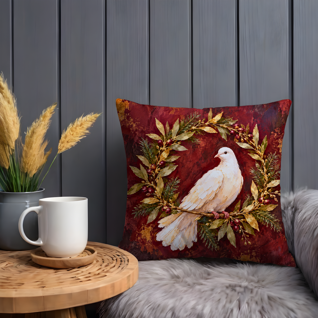 White Dove Pillow Cover | Leafy Wreath on Mottled Crimson Ground