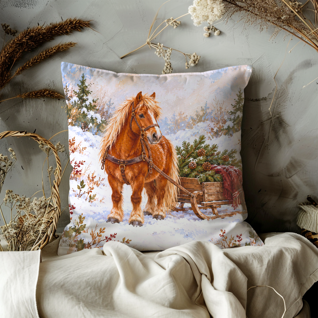 Golden Horse Pillow Cover | Snowy Pine Forest with a Tree-laden Wooden Sleigh