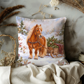 Golden Horse Pillow Cover | Snowy Pine Forest with a Tree-laden Wooden Sleigh