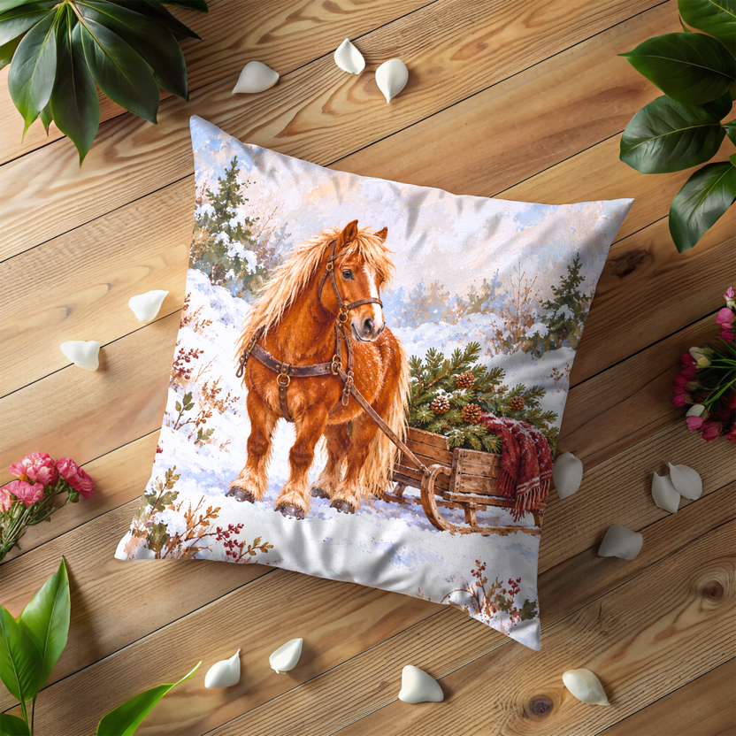 Golden Horse Pillow Cover | Snowy Pine Forest with a Tree-laden Wooden Sleigh