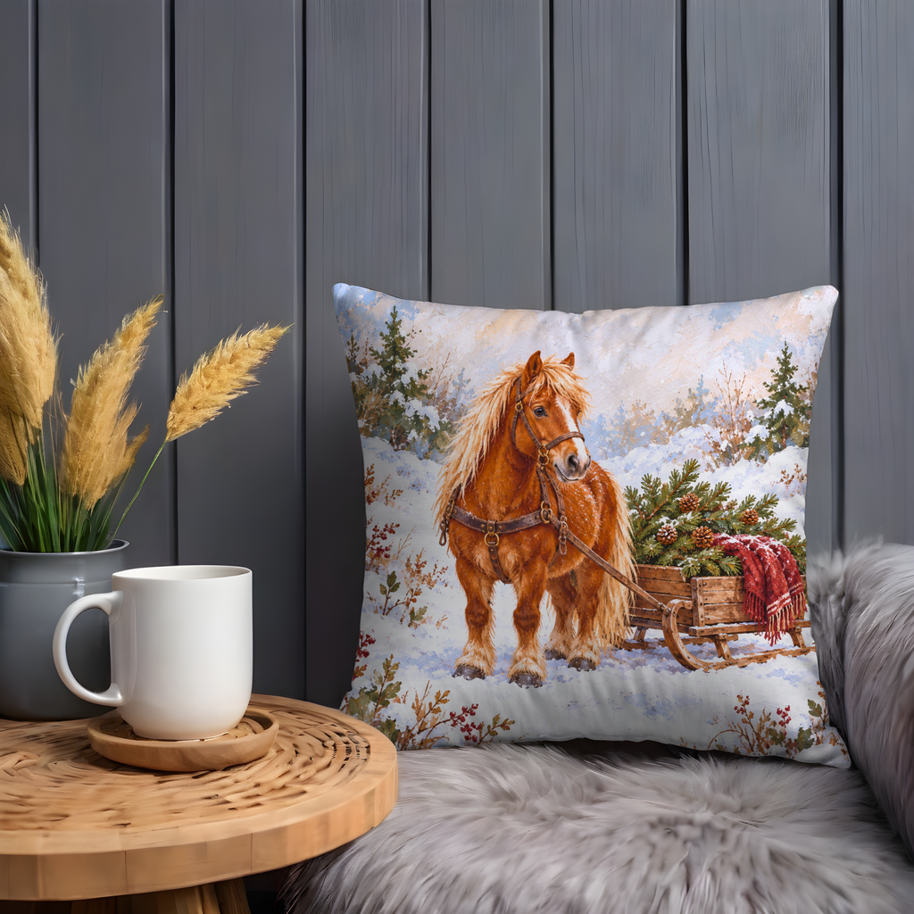 Golden Horse Pillow Cover | Snowy Pine Forest with a Tree-laden Wooden Sleigh