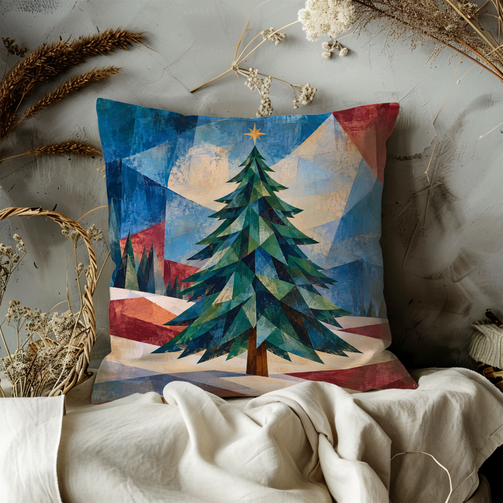 Christmas Tree Pillow Cover | Faceted Mountain Landscape