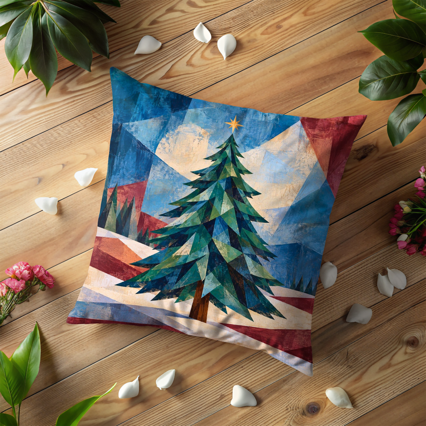 Christmas Tree Pillow Cover | Faceted Mountain Landscape