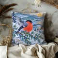 Red-breasted Bullfinch Pillow Cover | Snowy Sunset Mountain