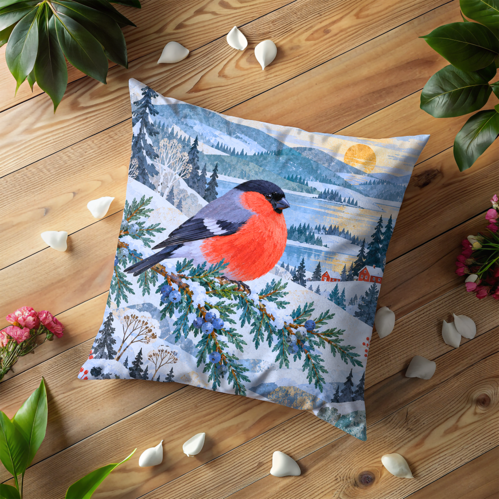 Red-breasted Bullfinch Pillow Cover | Snowy Sunset Mountain