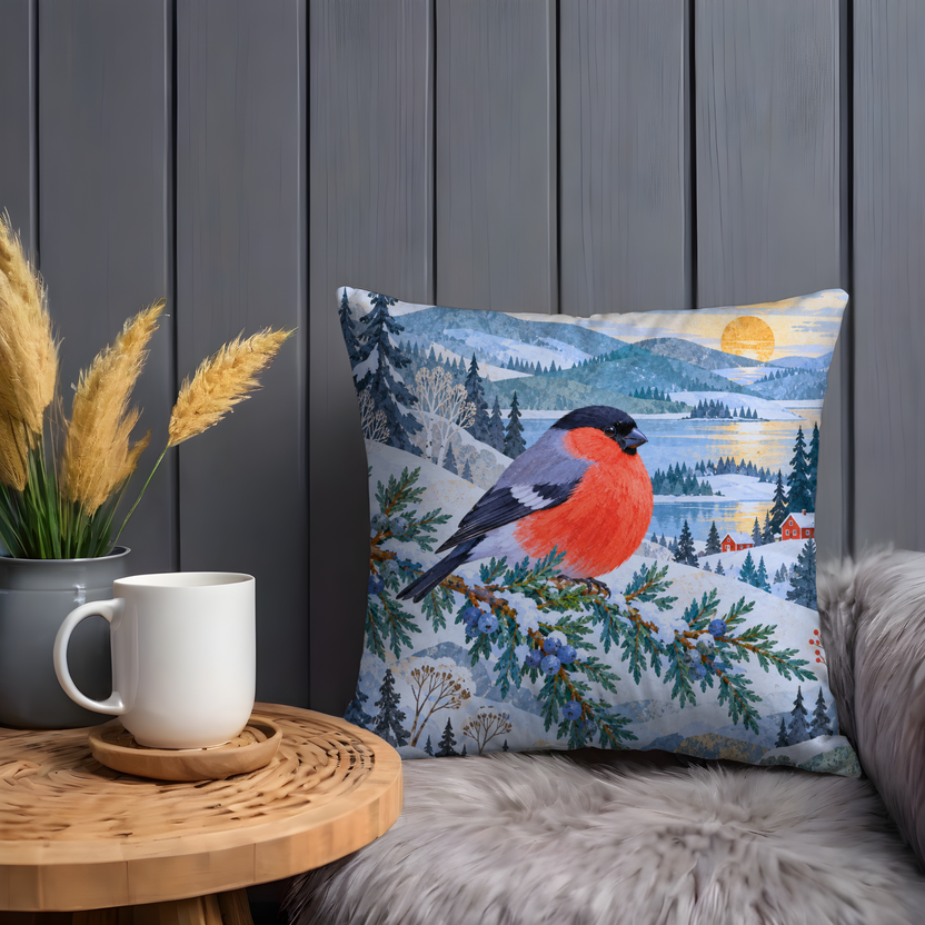 Red-breasted Bullfinch Pillow Cover | Snowy Sunset Mountain