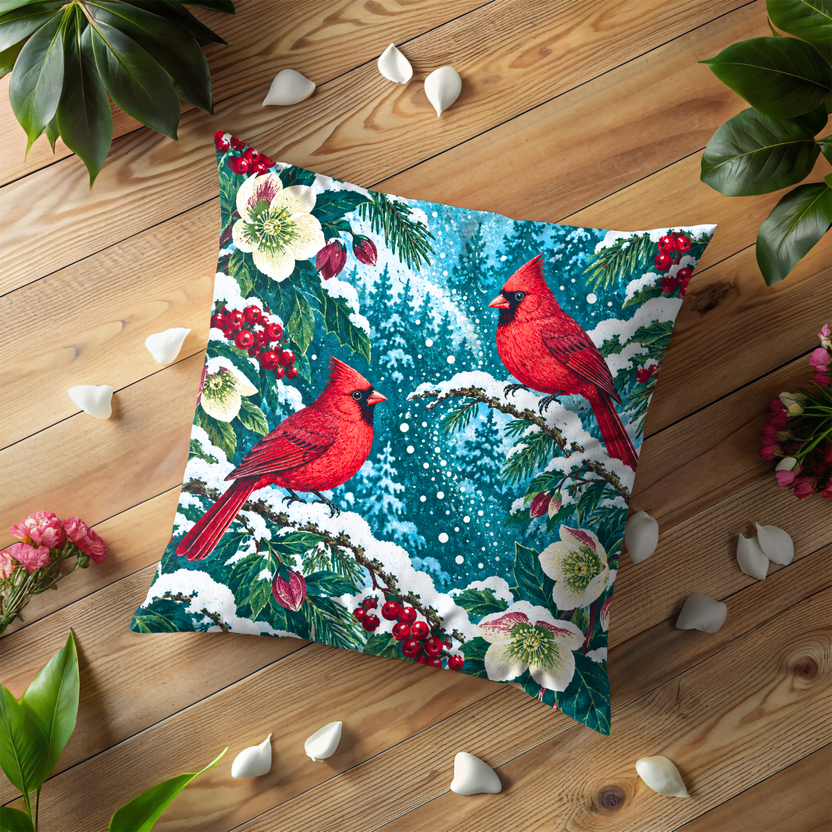 Red Cardinal Pair Pillow Cover | Snowy Winter Woods