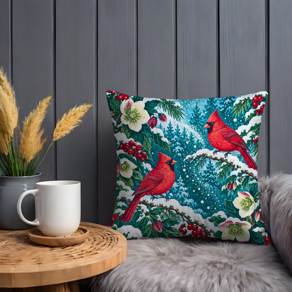 Red Cardinal Pair Pillow Cover | Snowy Winter Woods