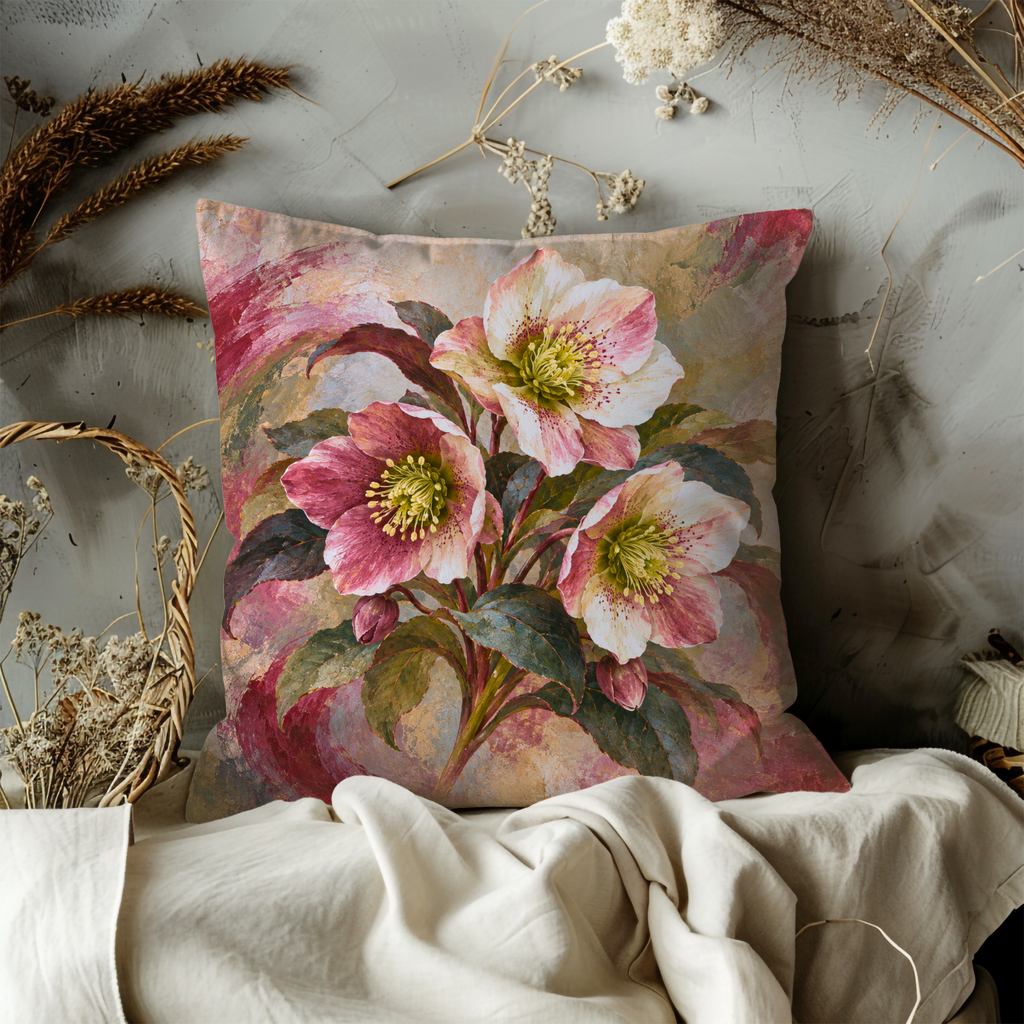 Hellebore Flower Cluster Pillow Cover | Swirling Abstract Painted Backdrop