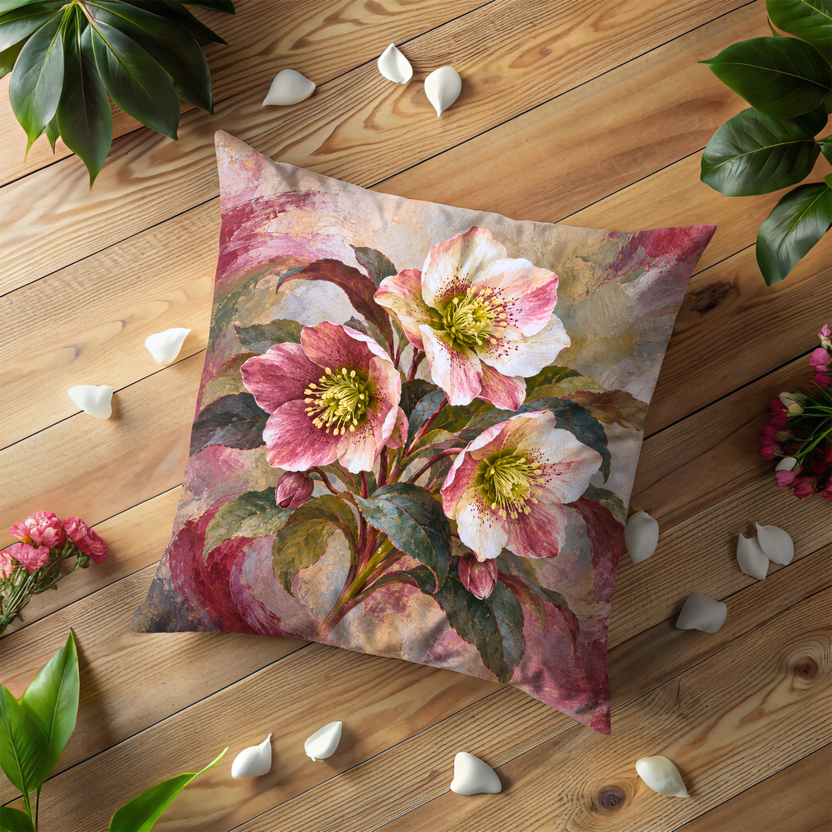 Hellebore Flower Cluster Pillow Cover | Swirling Abstract Painted Backdrop