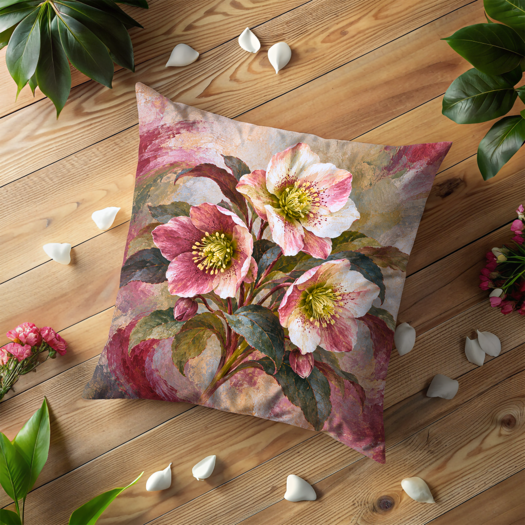 Hellebore Flower Cluster Pillow Cover | Swirling Abstract Painted Backdrop