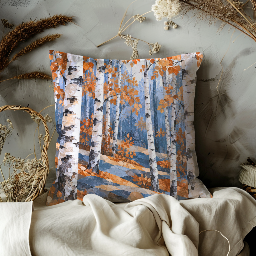 Birch Forest in Autumn Pillow Cover | Autumnal Woodland Landscape on a Gentle Slope