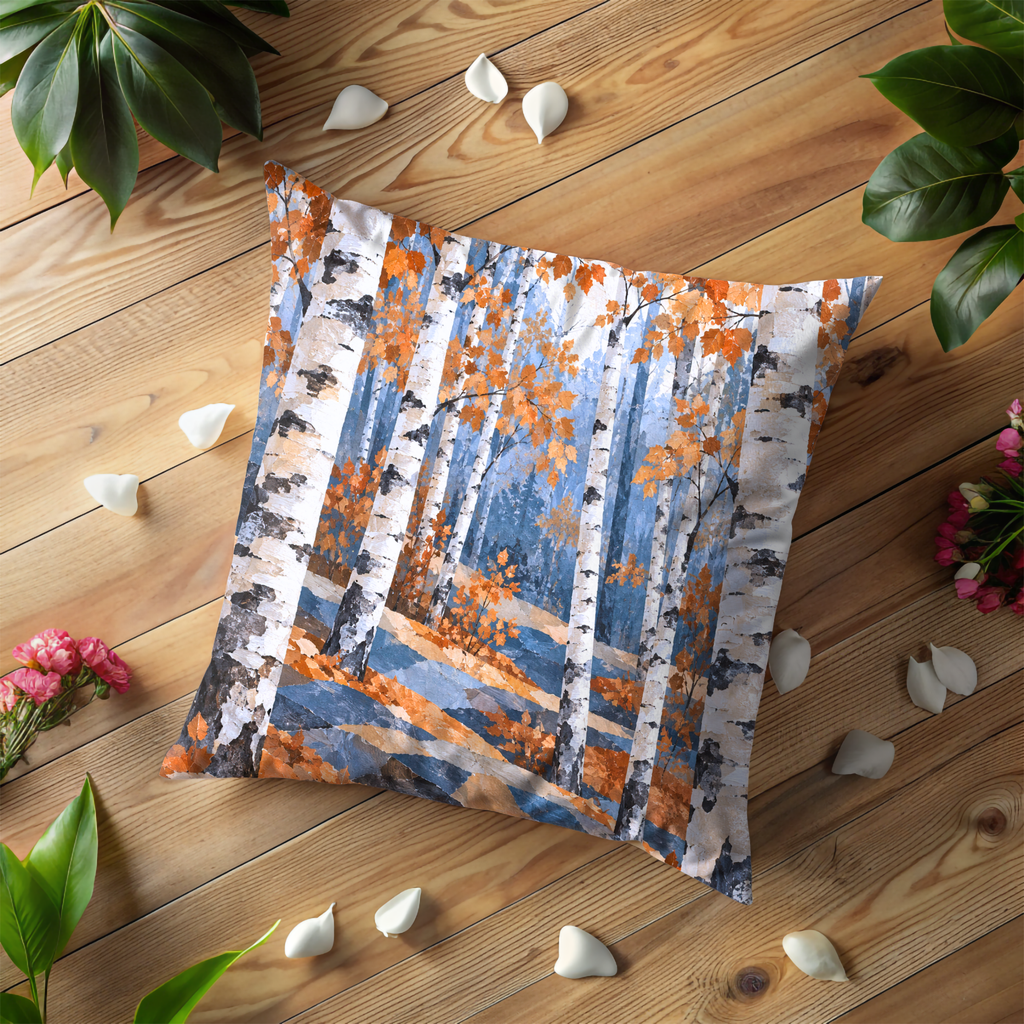 Birch Forest in Autumn Pillow Cover | Autumnal Woodland Landscape on a Gentle Slope
