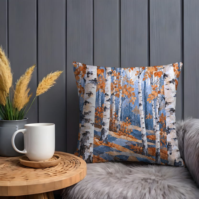 Birch Forest in Autumn Pillow Cover | Autumnal Woodland Landscape on a Gentle Slope