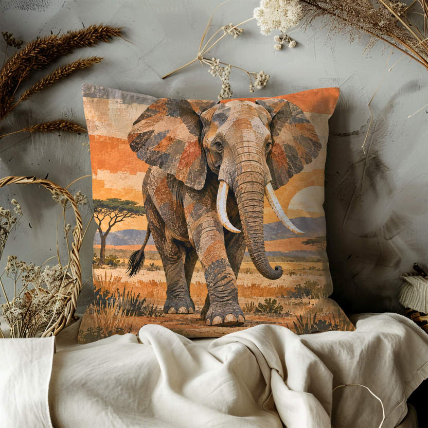African Elephant Pillow Cover | African Savanna Landscape at Sunset