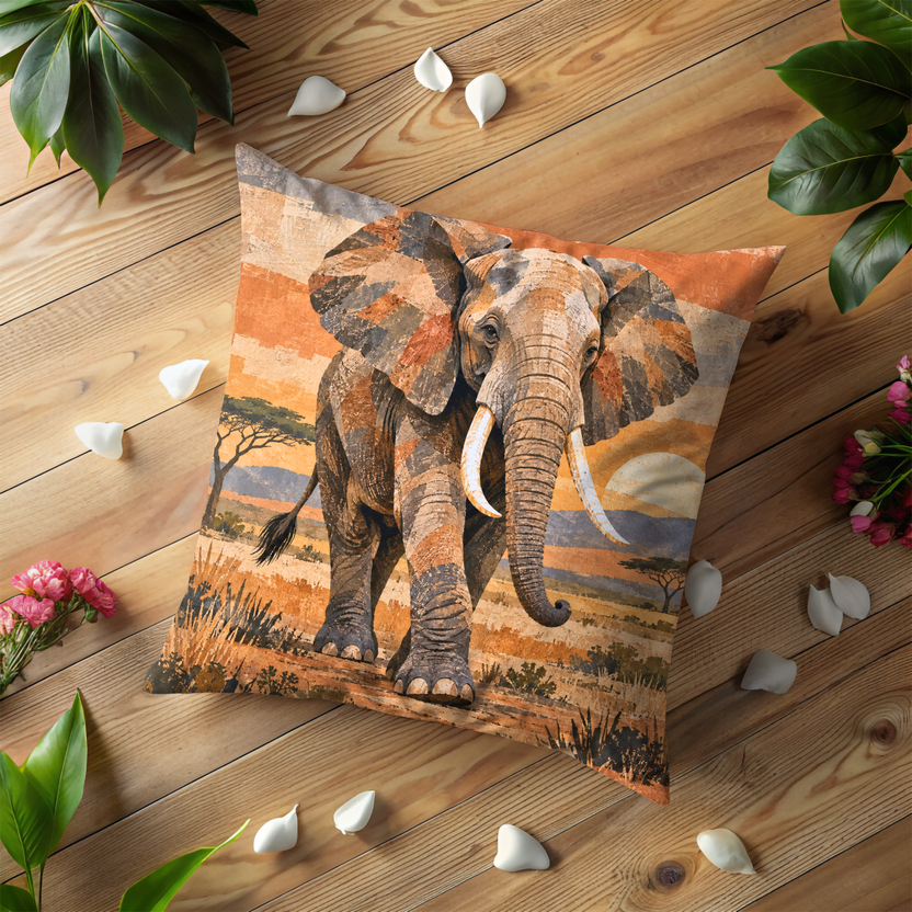 African Elephant Pillow Cover | African Savanna Landscape at Sunset