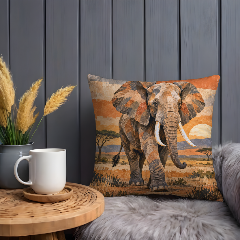 African Elephant Pillow Cover | African Savanna Landscape at Sunset