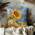 Large Sunflower Pillow Cover | Golden Grain Field Beside a Winding Blue Waterway Under a Cloudy Sky