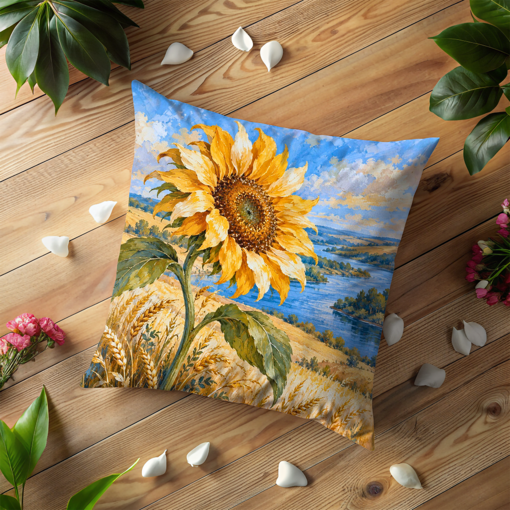 Large Sunflower Pillow Cover | Golden Grain Field Beside a Winding Blue Waterway Under a Cloudy Sky