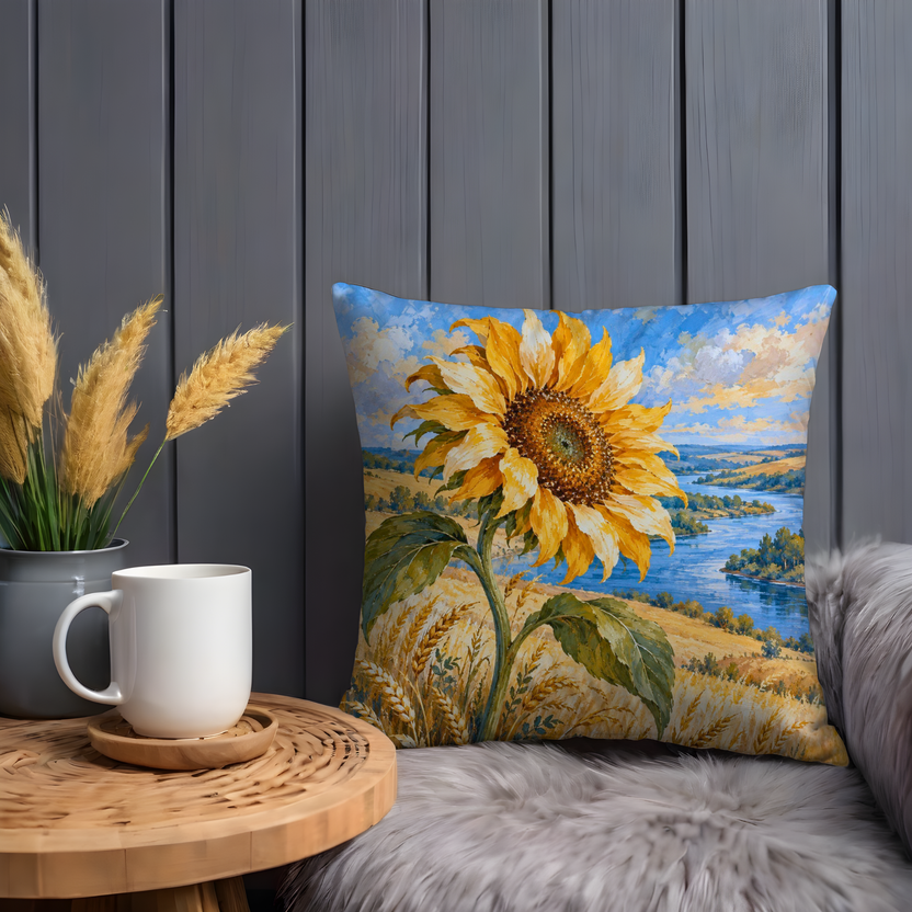 Large Sunflower Pillow Cover | Golden Grain Field Beside a Winding Blue Waterway Under a Cloudy Sky