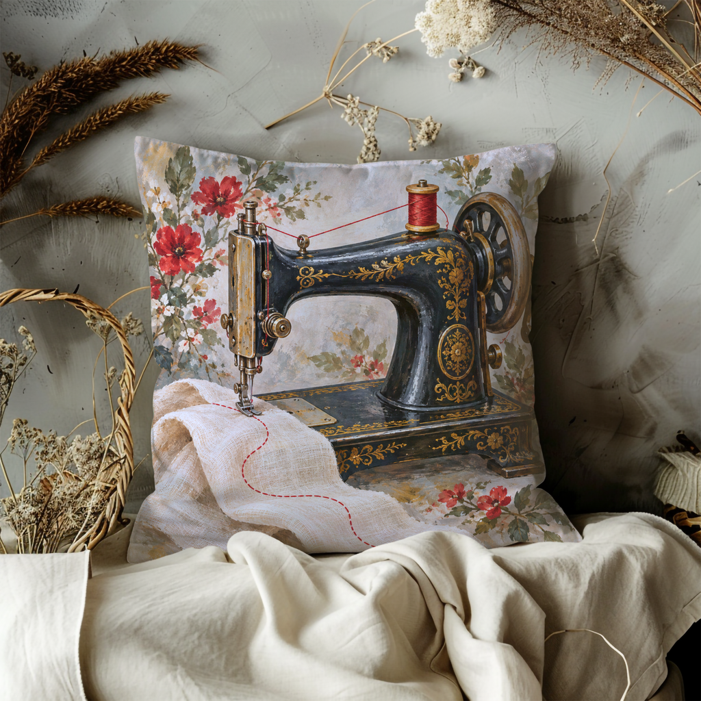 Ornate Sewing Machine Pillow Cover | Ornamental White Cloth Amid Flowers, view 1