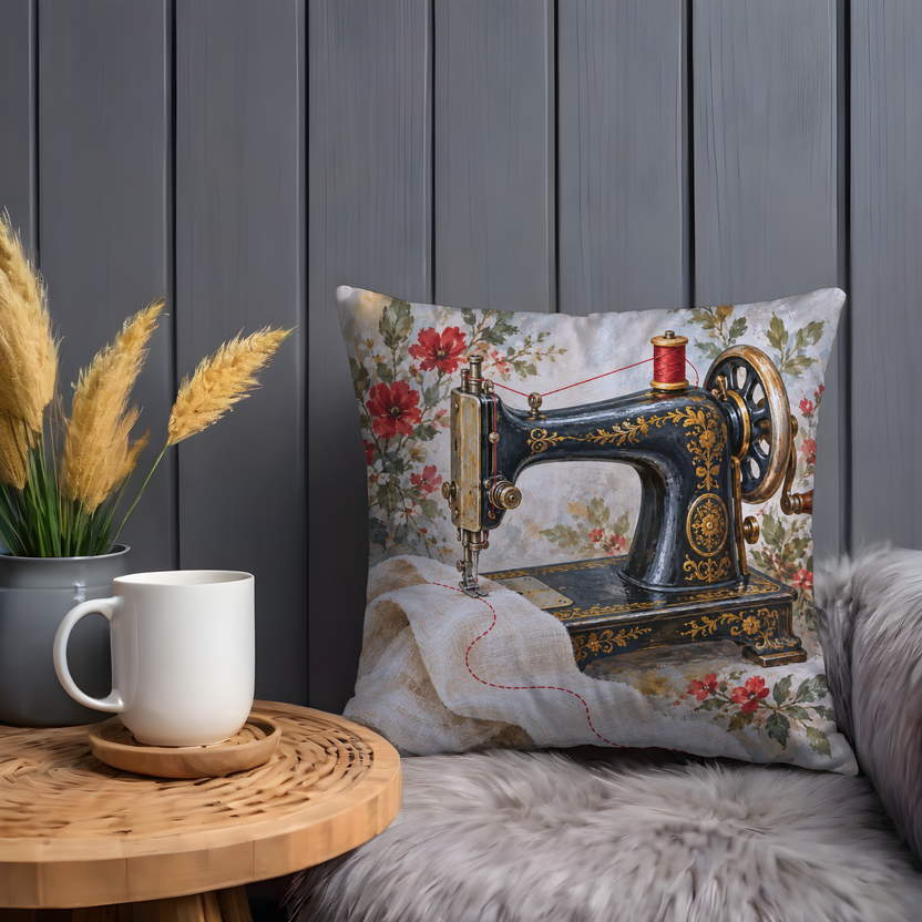 Ornate Sewing Machine Pillow Cover | Ornamental White Cloth Amid Flowers, view 5