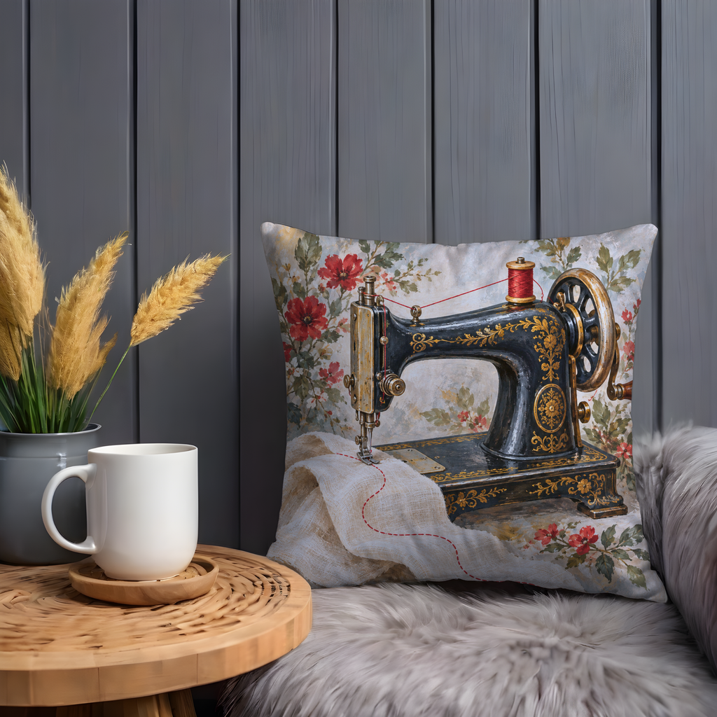 Ornate Sewing Machine Pillow Cover | Ornamental White Cloth Amid Flowers, view 5